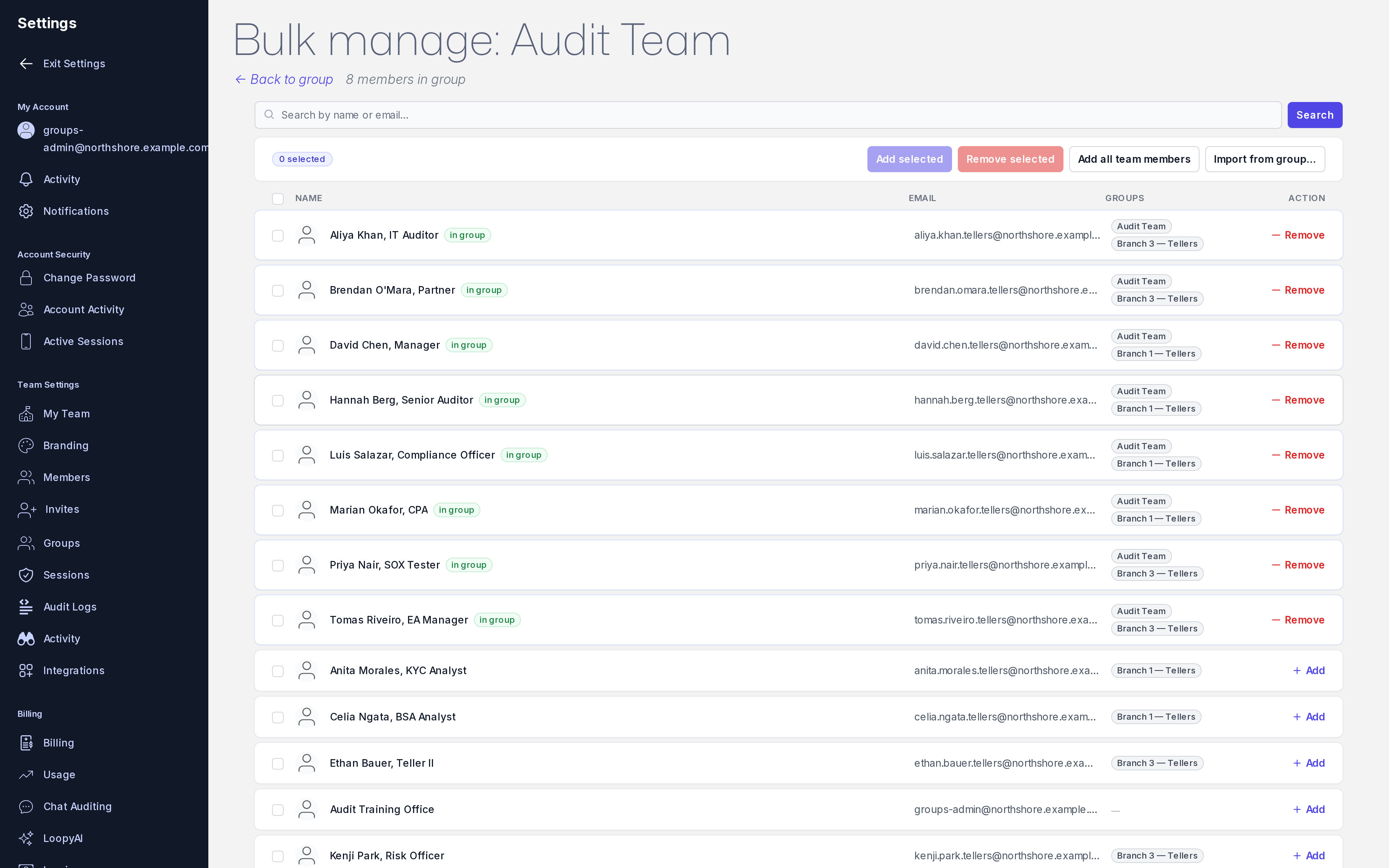 HeyLoopy group bulk-manage view: a list of groups (by role, site, shift), the modules assigned to each, and the membership controls for adding or removing learners.