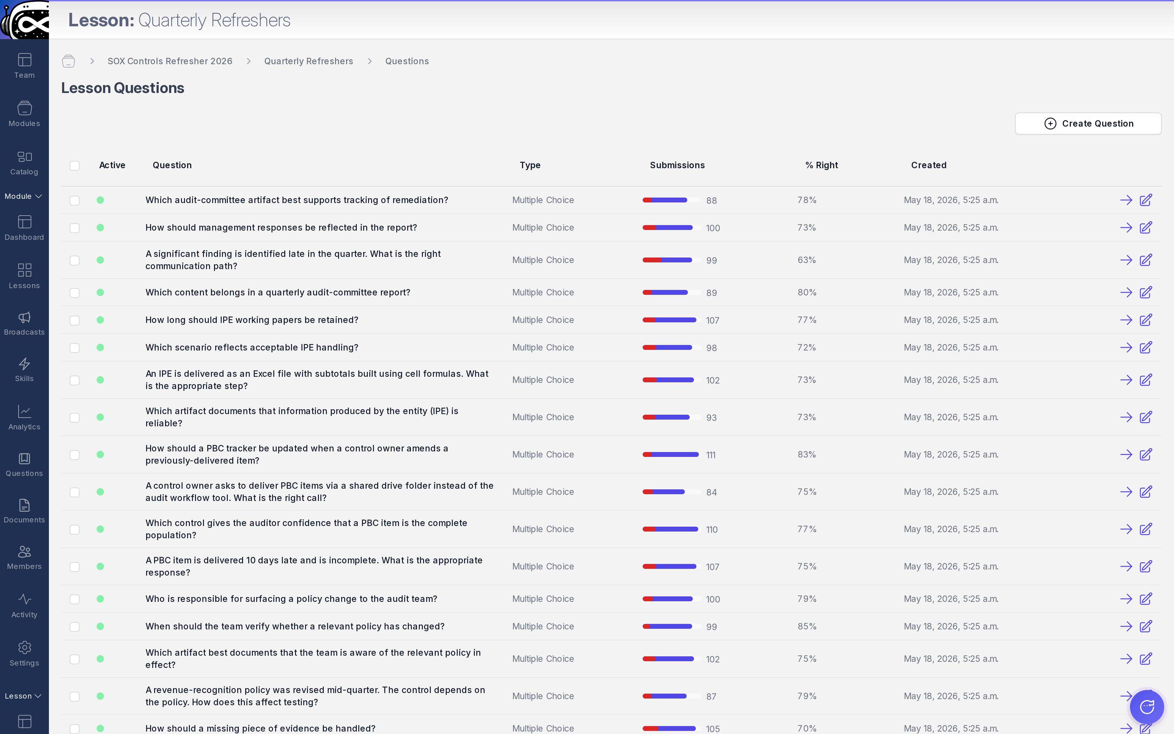 HeyLoopy question table: a list of drafted drill questions for a module, each tied to its source passage, with status indicators showing draft, reviewed, and published states.
