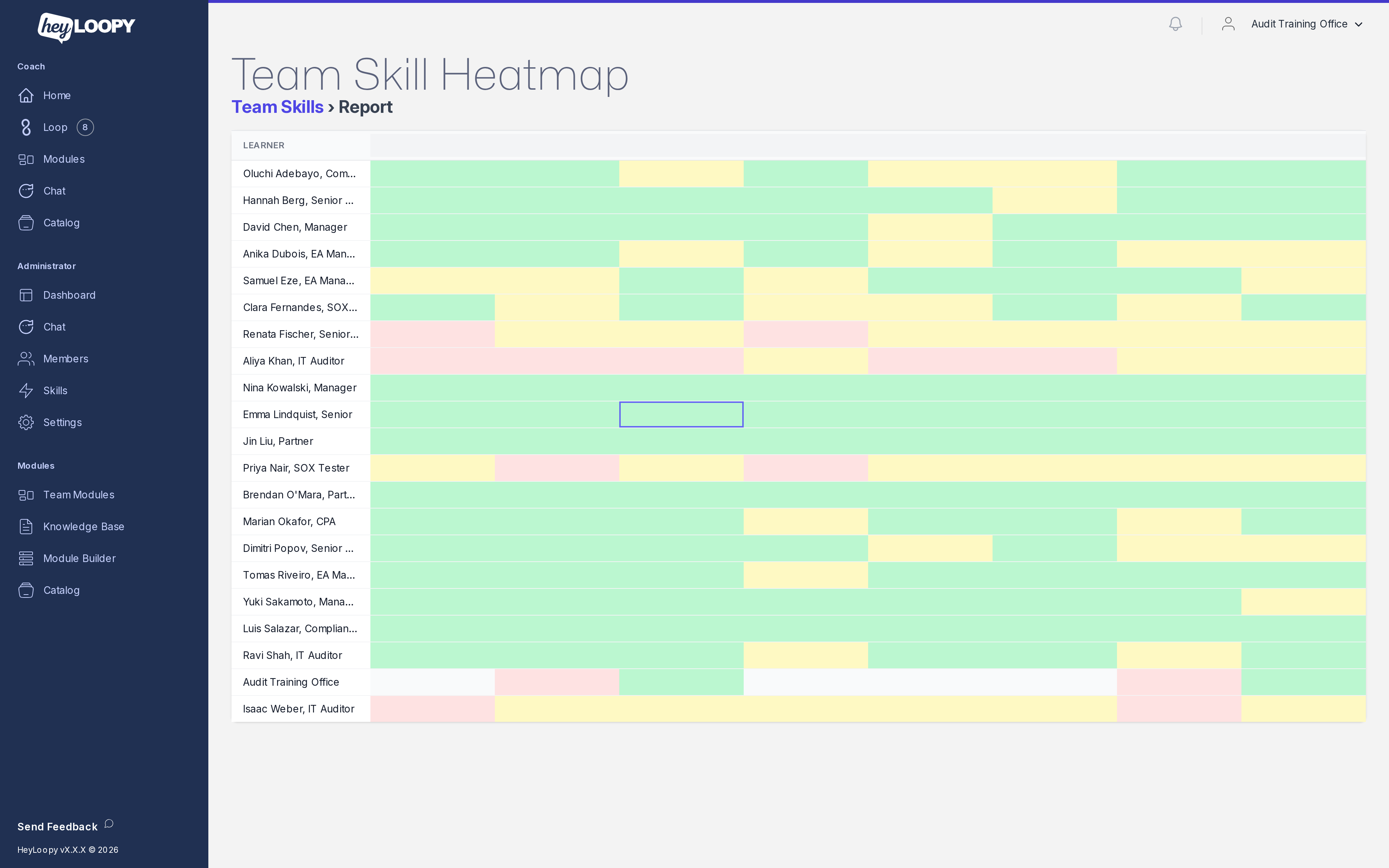 HeyLoopy team skill heatmap: learners by skills, each cell colored by mastery level.