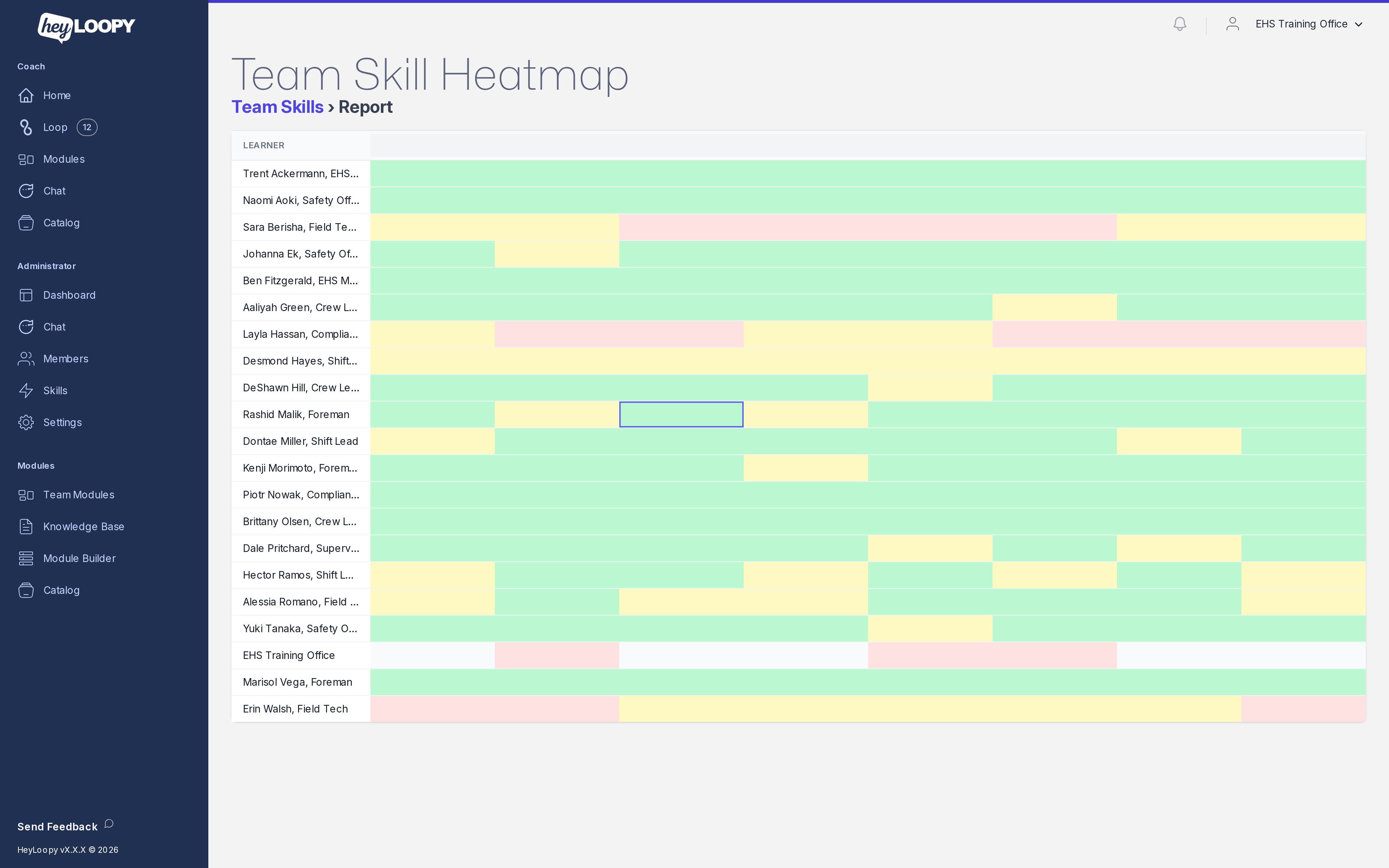 HeyLoopy team skill heatmap: learners by skills, each cell colored by mastery level.