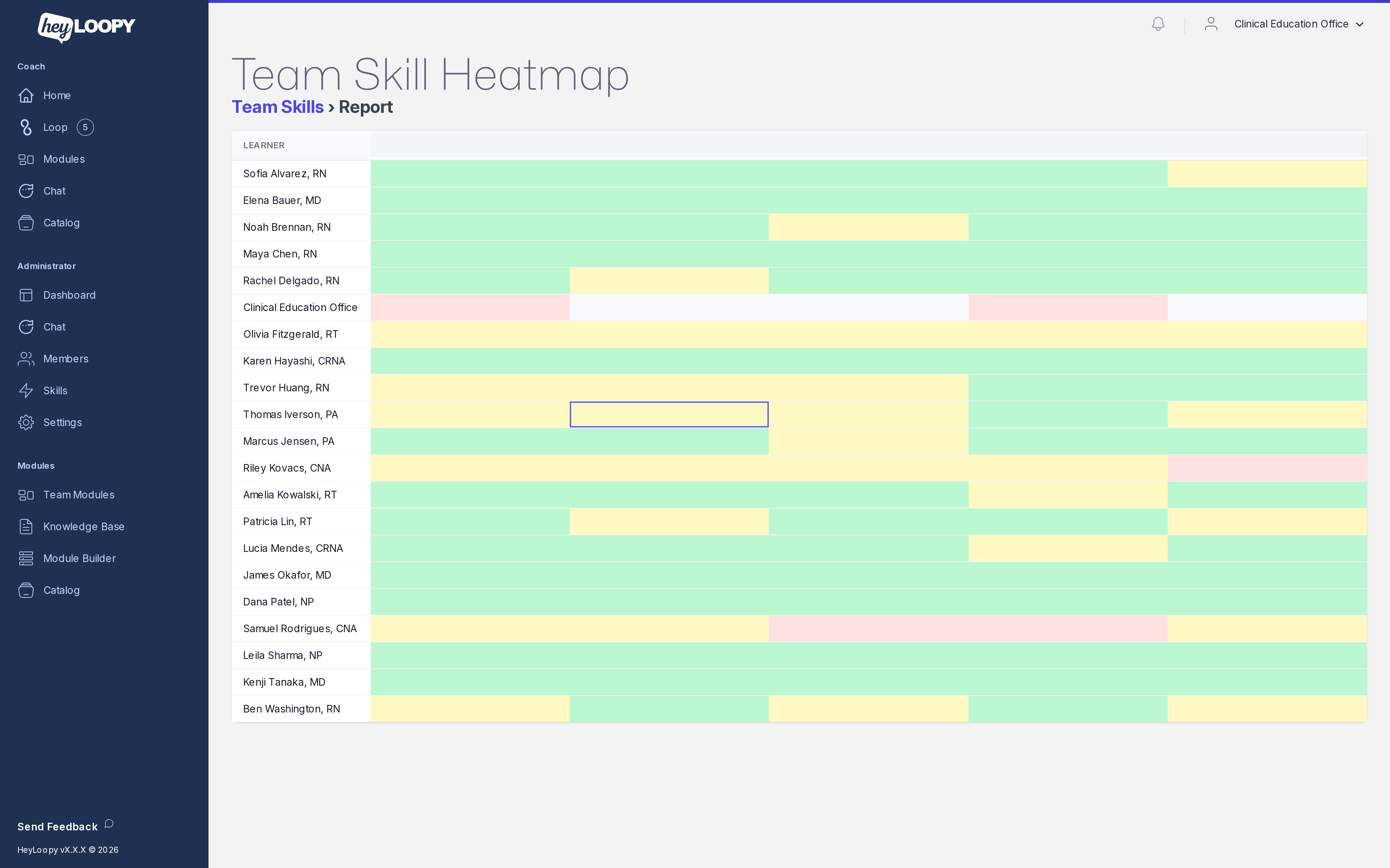 HeyLoopy team skill heatmap: learners by skills, each cell colored by mastery level.