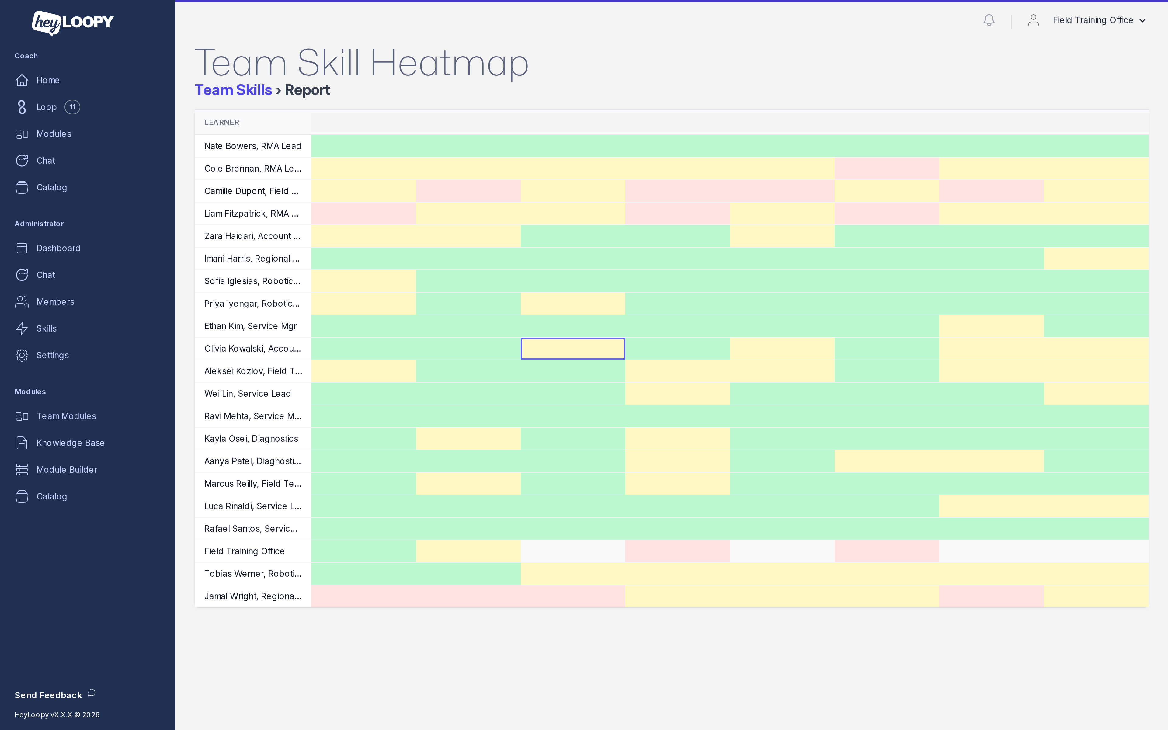 HeyLoopy team skill heatmap: learners by skills, each cell colored by mastery level.