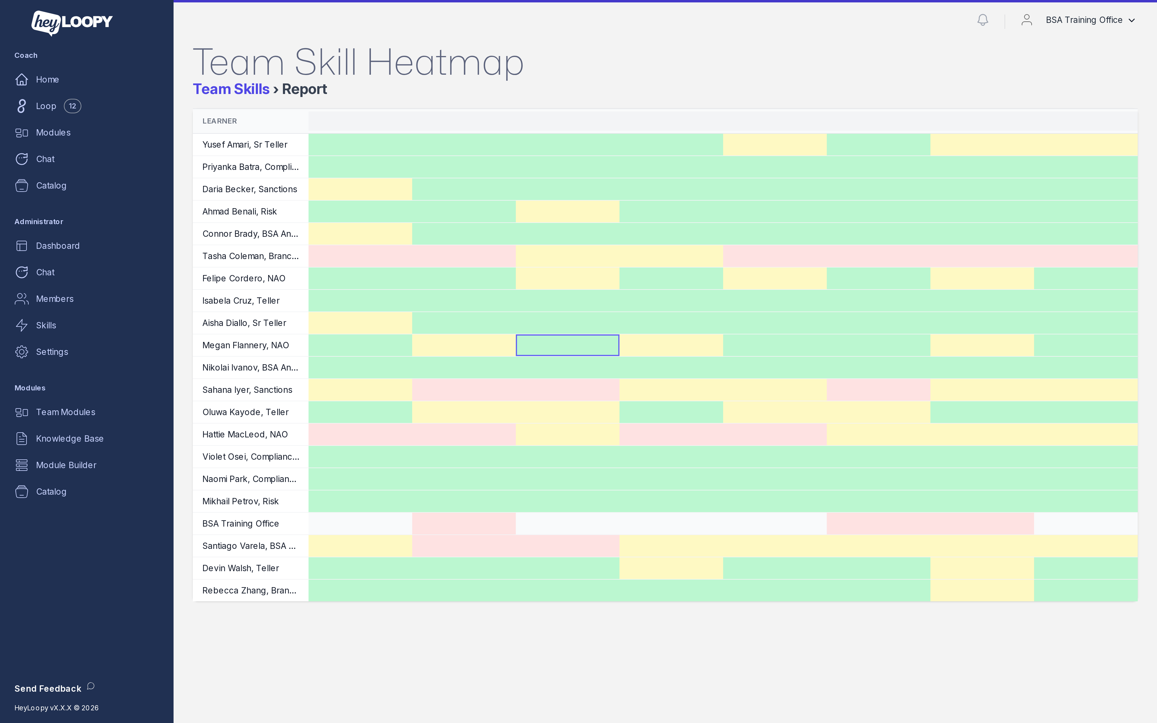HeyLoopy team skill heatmap: learners by skills, each cell colored by mastery level.